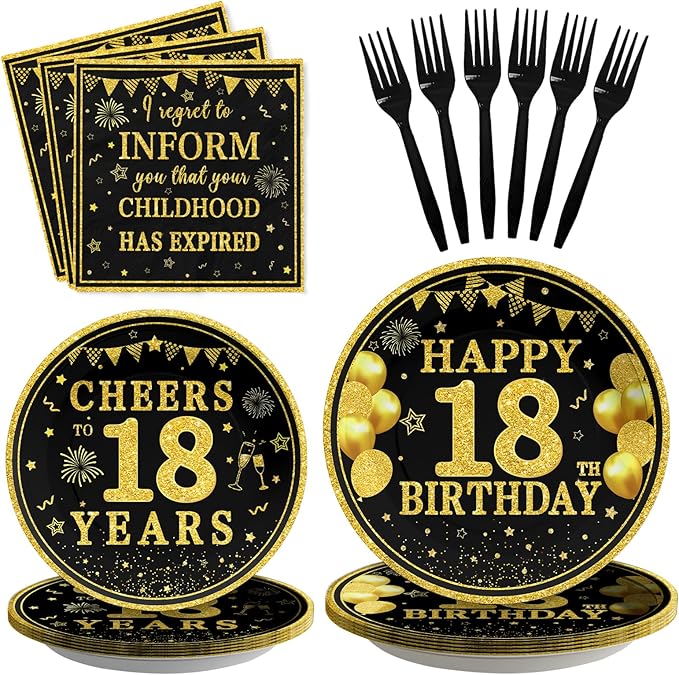 Grencian 96Pcs Happy 18th Birthday Decorations Black and Gold Birthday Plates and Napkins Gold and Black 18th Birthday Tableware Sets for Boys Girls 18 Year Old Birthday Party Supplies Serve 24