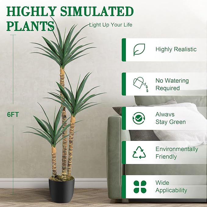 6FT Artificial Tree 2 Pack Faux Agave Plant Indoor, Tall Faux Plant with 3 Heads in Potted Silk Fake Tree for Home Living Rome Office Decor Housewarming Gifts