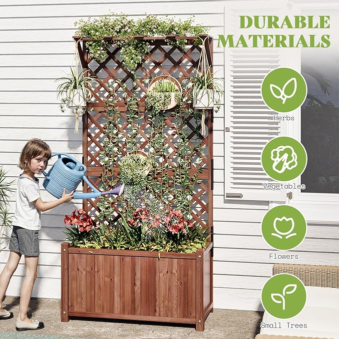 Amerlife 2-Piece Raised Garden Bed with Trellis, 35.4x17.7x72 Inch Planter Boxes with Drainage Holes for Vegetables and Climbing Plants
