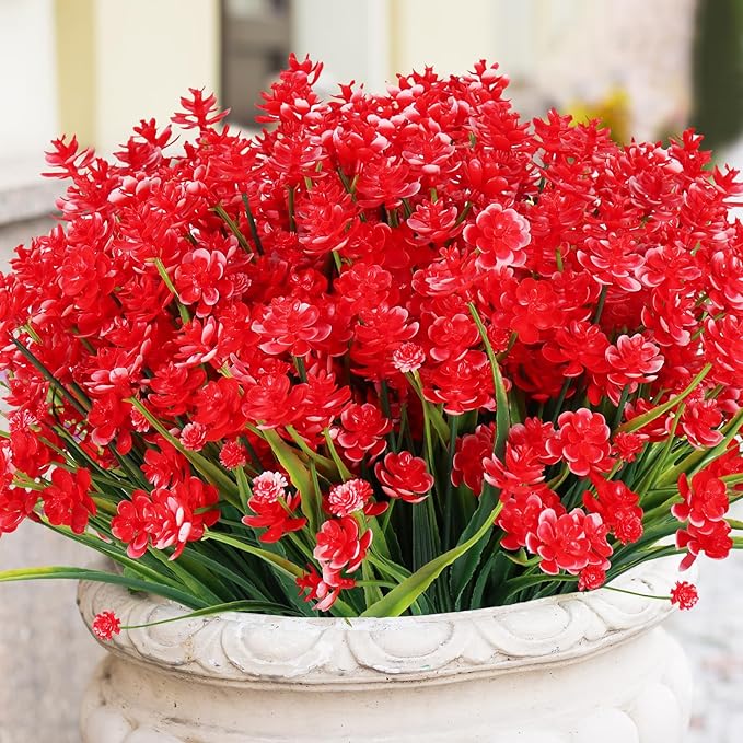 Artificial Flowers Outdoor UV Resistant Fake Plants Indoor Outside Hanging Planter Home Garden Decor, 16 Bundles (Red-Daffodil)