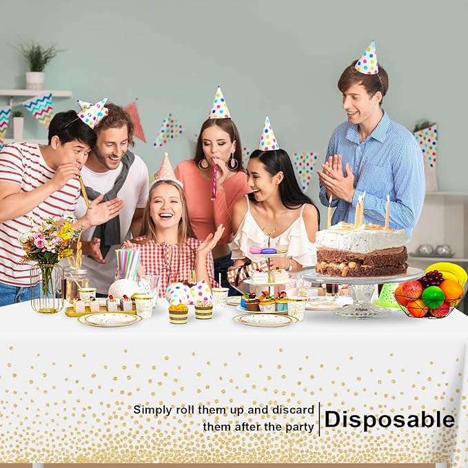 6 Pack White and Gold Dot Tablecloth, White Plastic Table Cloths for Parties Disposable, 54x108in Waterproof Rectangular Camping Tablecloth for Birthday Party Picnic Baby Shower