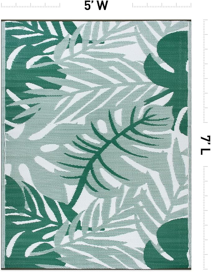 Rugshop Tropical Leaf Reversible Crease-Free Waterproof Premium Recycled Plastic Outdoor Rugs for Patio,Backyard,RV,Deck,Picnic,Trailer,Beach,Camping,Sunroom Green 5' x 7'
