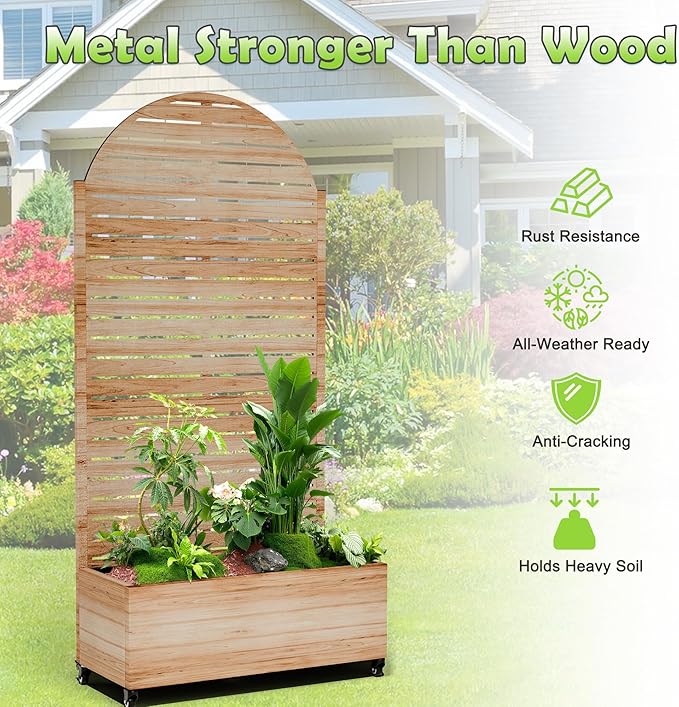 15.7"×70.9"×35.4" Metal Raised Garden Bed with Trellis and Wheels - Tall Trellis Planter Box for Climbing Plants, Vegetables & Vines - Outdoor Privacy Planters for Patio (Acacia Wood Grain-Louvered)