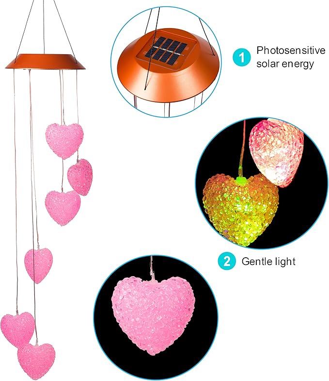Loving Heart Solar Wind Chimes Outdoor Hanging - Waterproof Solar Powered LED Changing Lights Color Mobile Romantic Wind-Bell 6 Heart-Shaped Wind Chimes Gifts for Home, Party, Night Garden Decoration