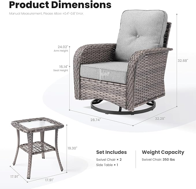ovios 3 Pieces Patio Furniture Set, Outdoor Rocking Chairs of 2, Wicker Swivel Glider Chairs with Side Table Thick Cushions, All Weather Rattan Bistro Set for Porch, Dark Grey