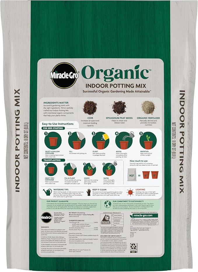 Miracle-Gro Organic Indoor Potting Mix, Protects Against Over and Under Watering, for Indoor Container Plants, Houseplants and Starter Plants, OMRI Listed, 8 qt., 3-Pack
