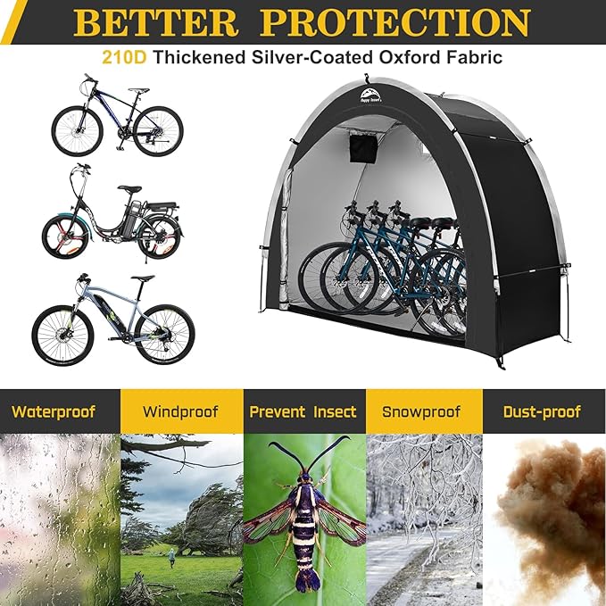 Happy Travel Bike Storage Shed Tent,Outdoor Portable Bicycle Storage Sheds with 210D Oxford Fabric PU4000 Waterproof for 2/3/4/6/8 Bikes,Bike Covers Shelter for Motorcycle,Garden Tools,Toys,Lawn Mower