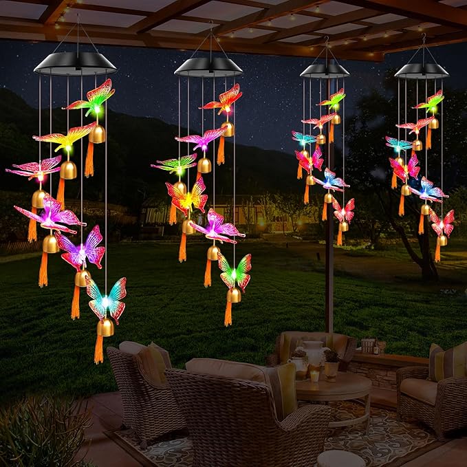 Solar Wind Chimes Outdoor Color Changing Lights, Gift for Women Mom Grandma Sister Best Gifts, Wind Chimes Unique Outdoor Garden Yard Decor (Purple Butterfly Bell)