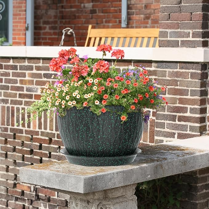 12/10/9 inch Large Plant Pots, 3 Pack Wide Flower Pots for Outdoor Indoor Plants, Water Ripples Plastic Planters with Drainage Holes and Saucers for Garden Hourse, Black with Green Speckles