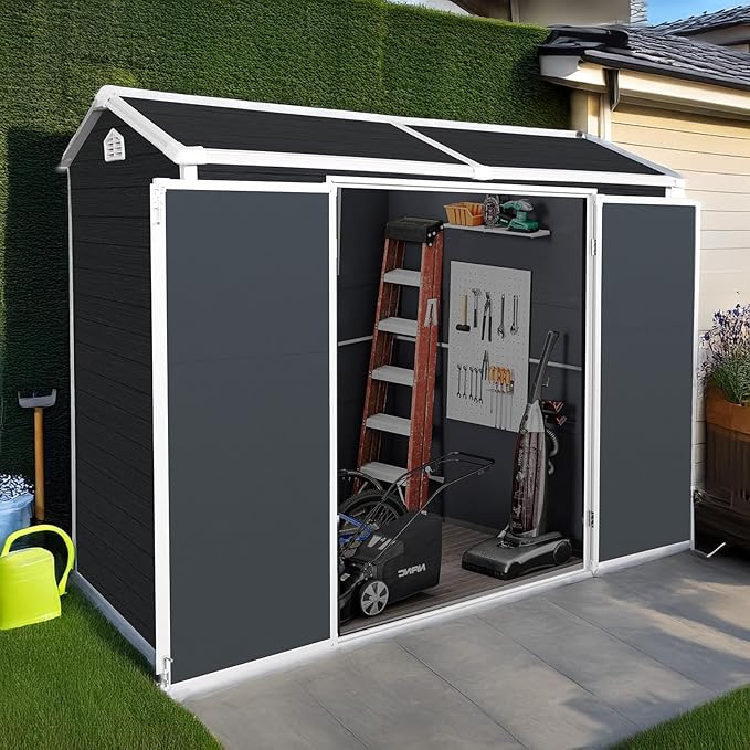 8x4ft Resin Outdoor Storage Shed with Floor and 2 Windows, Plastic Sheds & Outdoor Storage Clearance for Patio Furniture,GardenTools, Bike Accessories and Lawn Mower, Carbon Black