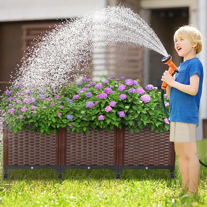 Raised Garden Beds Outdoor With Wheels, Large Garden Planter Box With Drain Outlet and Lockable Wheels, Self Watering Rectangular Planters for Outdoor Plants Flowers Vegetables, 47.2"X15.7"X16.1"
