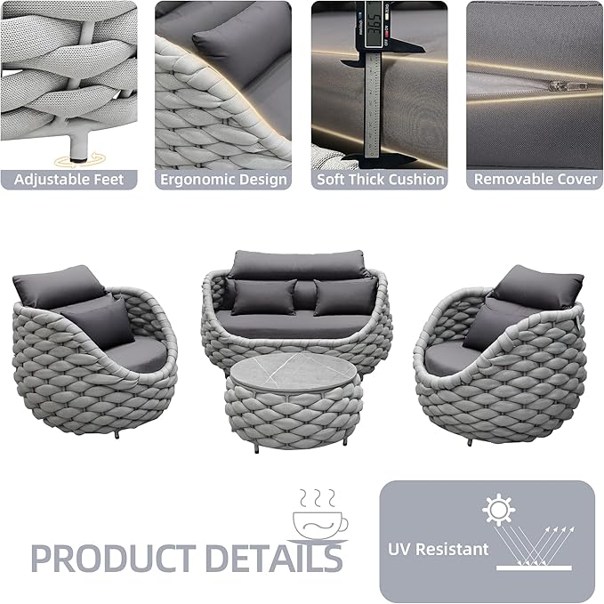 Aluminum Outdoor Patio Furniture Set with Coffee Table, 6 Piece Patio Conversation Sets with Washable Cushions Covers, Patio Sectional Furniture Set for Porch, Balcony, Deck, Yard