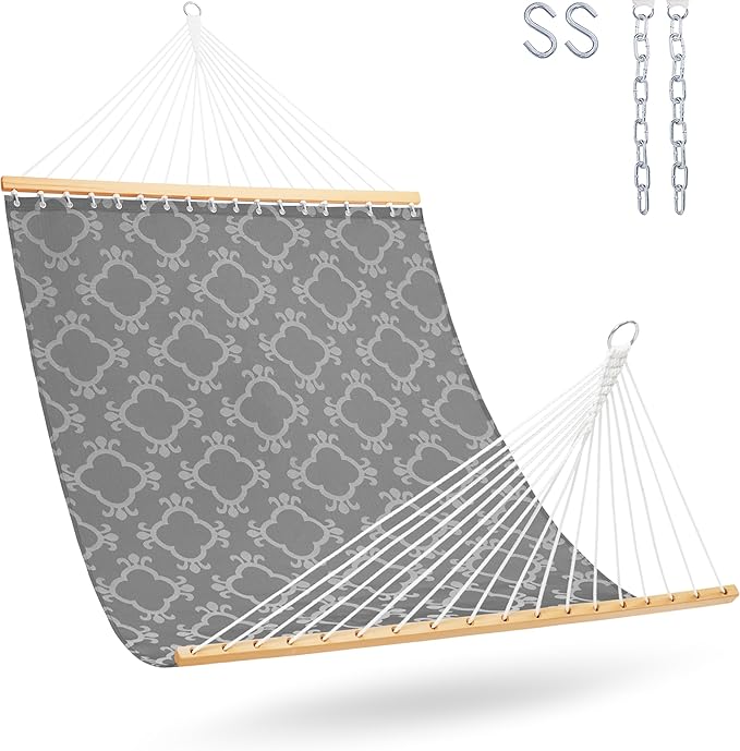 Lazy Daze Hammocks Quick Dry Hammock with Spreader Bar Textliene Fabric Double Outside Hammock with Chains Outdoor Patio Poolside Backyard Beach 450 lbs Capacity, Beige White Stripes