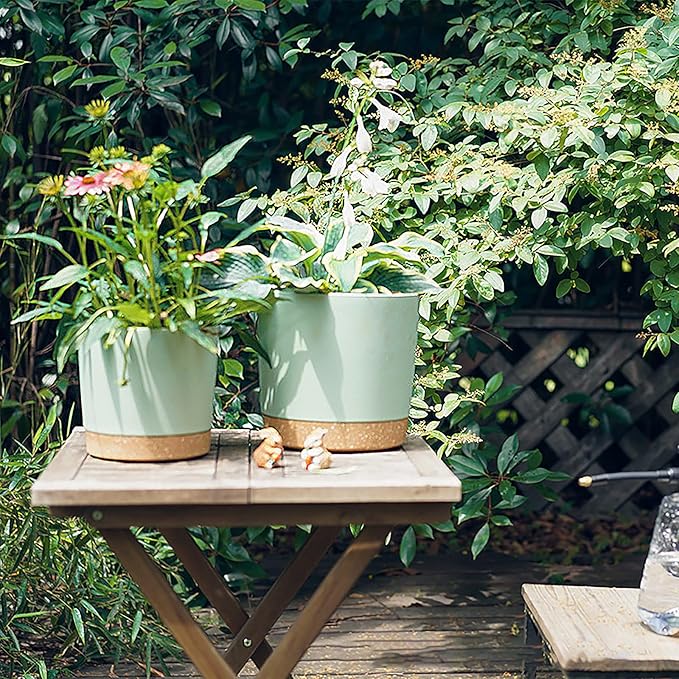 kubvici 8'' Plastic Flower Planter Pots Set of 2 Indoor Outdoor Planters with Drainage Saucer for Garden Home (Green & White, 8 inch)