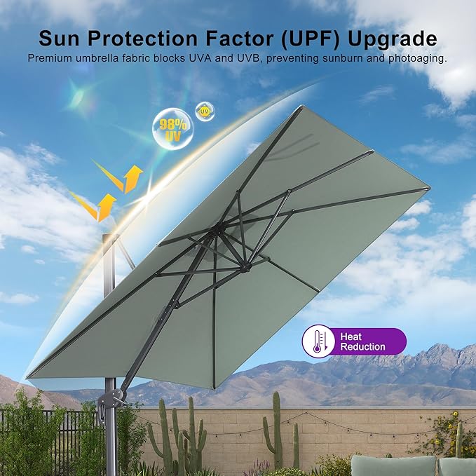 PURPLE LEAF 10 FT Outdoor Umbrella with Base Patio Cantilever Aluminum Umbrella with 3 Years Fade Resistance Recycled Fabric Offset Square with 360-degree Rotation for Deck Pool Garden, Mint Green