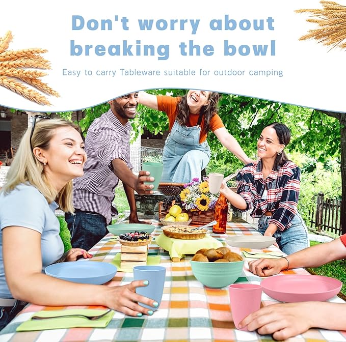 Kitchen Wheat Straw Dinnerware Sets (33pcs) Attached cleaning brush,Service For 8,Plastic Plates and Bowls Sets,Unbreakable Dinnerware,Lightweight Plastic Plate Set (Chroma)