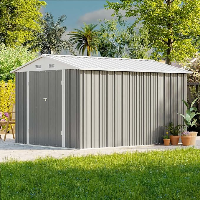 Patiowell 8x10 FT Outdoor Storage Shed, Large Garden Tool Metal Shed with Sloping Roof and Double Lockable Door, Outdoor Sheds for Backyard Garden Patio Lawn,Grey
