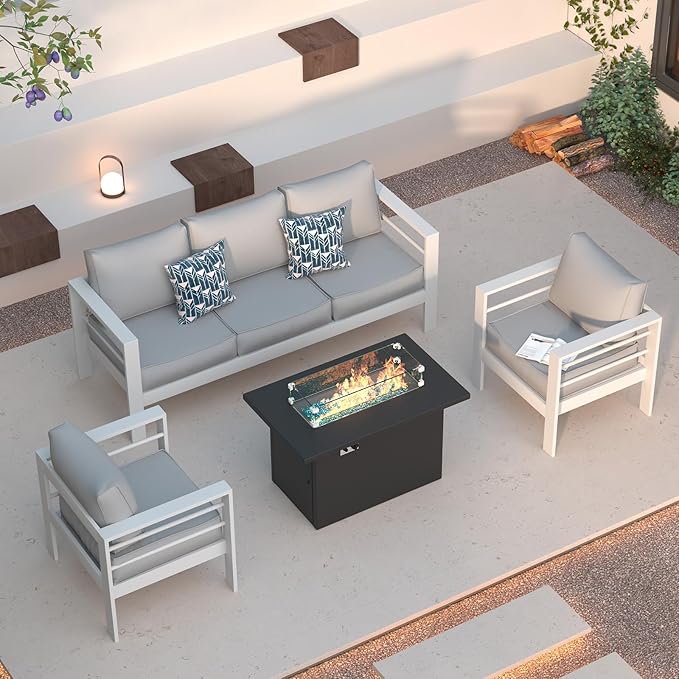 Patio Furniture Set with Fire Pit Table, Aluminum Patio Furniture Set,White Outdoor Metal Sectional Sofa with Aluminum Fire Pit Table for Garden Backyard (Include Waterproof Cover)