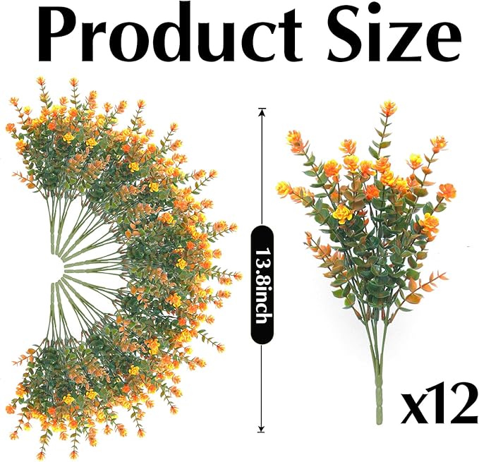 Artificial Mums for Outdoors, 12 Bundles Faux Mums for Outdoor Fall Planters,Uv Resistant Eucalyptus Artificial Fake Flowers Plants, Realistic Fall Decor for Porch, Patio, Yard (Fall Orange)