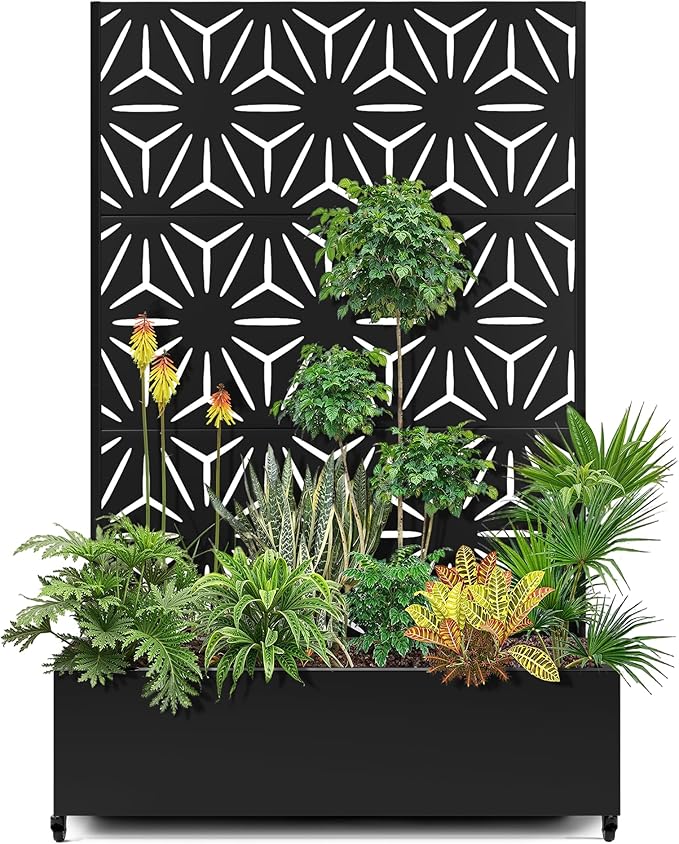 15.7"×70.9"×47.2" Metal Raised Garden Bed with Trellis and Wheels - Tall Trellis Planter Box for Climbing Plants, Vegetables & Vines - Outdoor Privacy Planters for Patio (Black-Star)