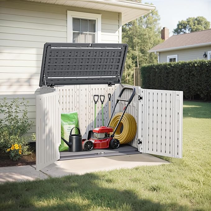 Macrout 25 Cu.Ft Small Plastic Outdoor Storage Cabinet with Floor, 4.3 x 2.5 ft Waterproof Resin Outdoor Storage Shed, Lockable Horizontal Shed for Garden and Patio