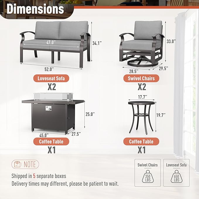 Kurapika Aluminum Patio Furniture Set 6-Seat Modern Metal Outdoor Conversation Sets w/45in Propane Fire Pit Table, Swivel Rocking Chairs Patio Sectional Sofa w/5.1 Inch Cushion, Grey