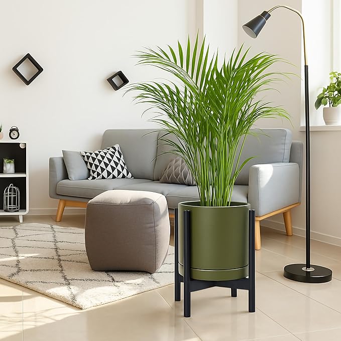 D'vine Dev Ceramic Planter with Ebony Stand - 12 Inch Modern Round Flower Pot with Wood Planter Holder, Olive, 55-B-H-J