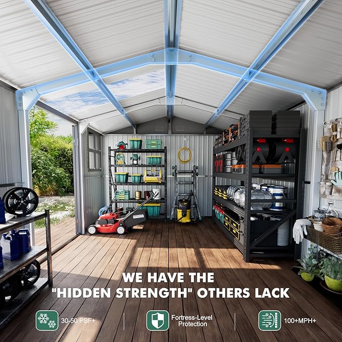 Metal shed 12x10 FT Outdoor Storage, Heavy-Duty Garden Sheds with Customizable Skylight & Reinforced Steel Frame, Weatherproof Galvanized Tool Tiny House for Backyard, Patio, and Lawn