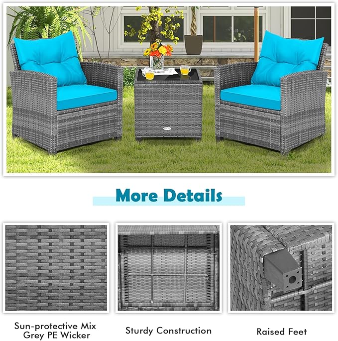 HAPPYGRILL 3 Pieces Patio Conversation Set, Outdoor Furniture Set PE Rattan Sofa Set with Removable Cushions, PE Wicker Chairs with Tempered Glass Side Table for Porch Lawn Garden Balcony Backyard