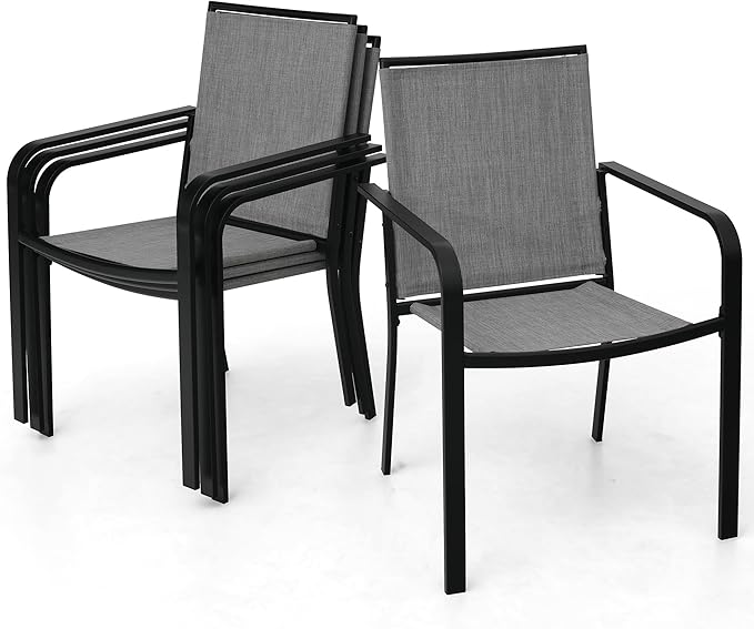 5-Piece Outdoor Patio Dining Set, 40-Inch Round Glass Table with 4 Stackable Chairs, Grey