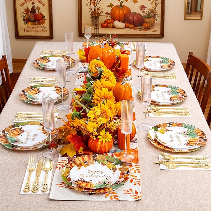 60PCS Thanksgiving Plastic Plates - Heavy Duty Fall Plastic Plate - Fancy Pumpkin Disposable Plates Include 30 Dinner & 30 Dessert Plate for Autumn Friendsgiving Harvest Party Decor