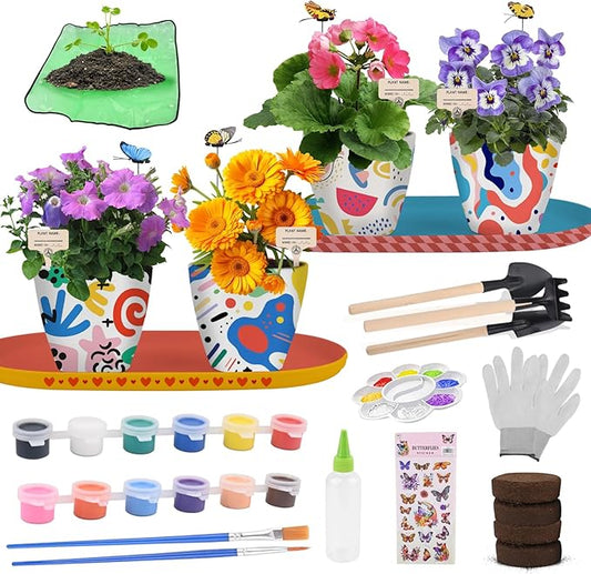 QSQSRUCH 4 Set Painting & Plant Flower Garden Kit, Arts and Crafts Kits for Kids Ages 4-8,Girls Gifts 8-10,Fairy Garden Set for Kids 8-12,Girls Toys Age 6-8, Gift for 4 5 6 7 8 9 10+ Year Old Girl
