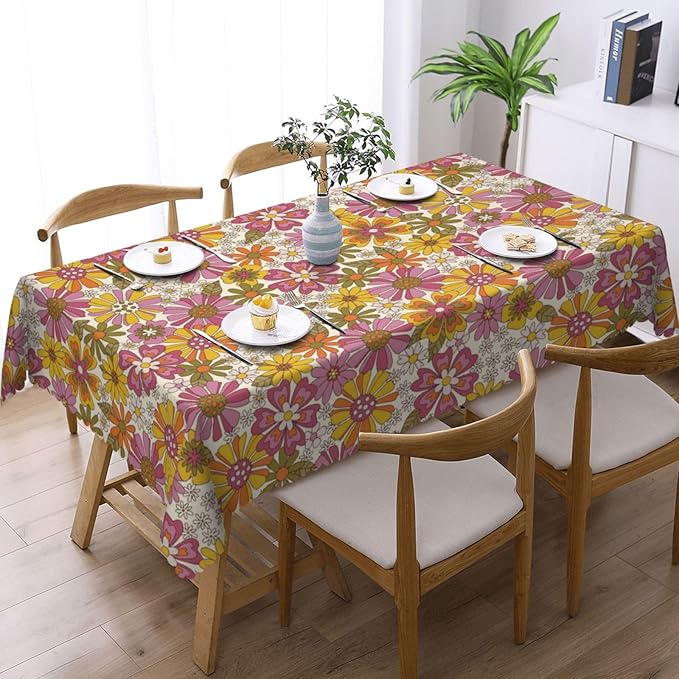 Retro Sunflower Table Cloth for Rectangle Dining Tables, Reusable Hippie Flowers Tablecloths Kitchen Tabletop Decoration Groovy Daisy Floral Table Cover for Holiday,Party,Picnic, 54x72Inch