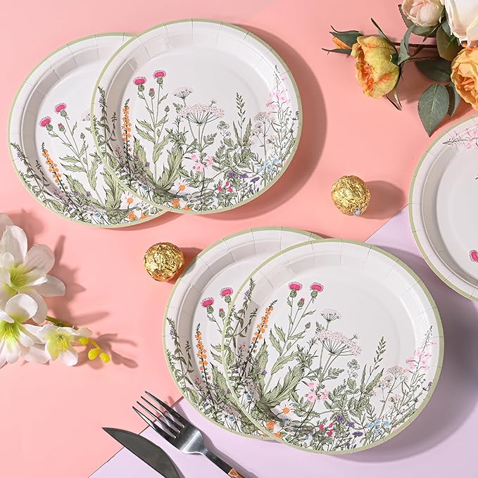 Wildflower Party Plates 7" Floral Paper Plates Spring Summer Botanical Green Leaves Herbs Vintage Garden Disposable Decorative Dessert Plates (24, Vintage Floral)