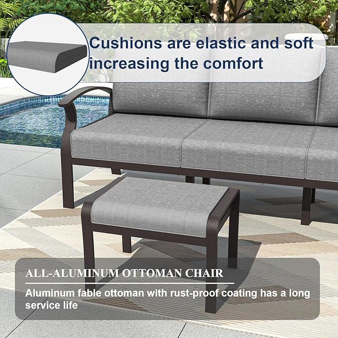 Kurapika Patio Furniture Set 10-Piece Aluminum Sectional Sofa with Armrest, Modern Outdoor Conversation Set, Metal Corner Sofa with Ottoman, Grey