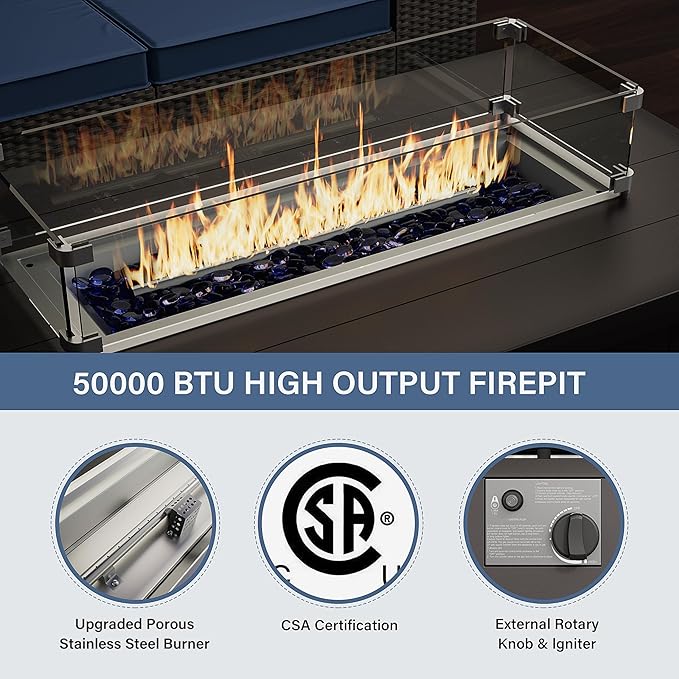 Kurapika Aluminum Patio Furniture Set 10-Seat Modern Metal Outdoor Conversation Sets w/45in Propane Fire Pit Table, Swivel Rocking Chairs Patio Sectional Sofa w/5.1 Inch Cushion, Navy Blue