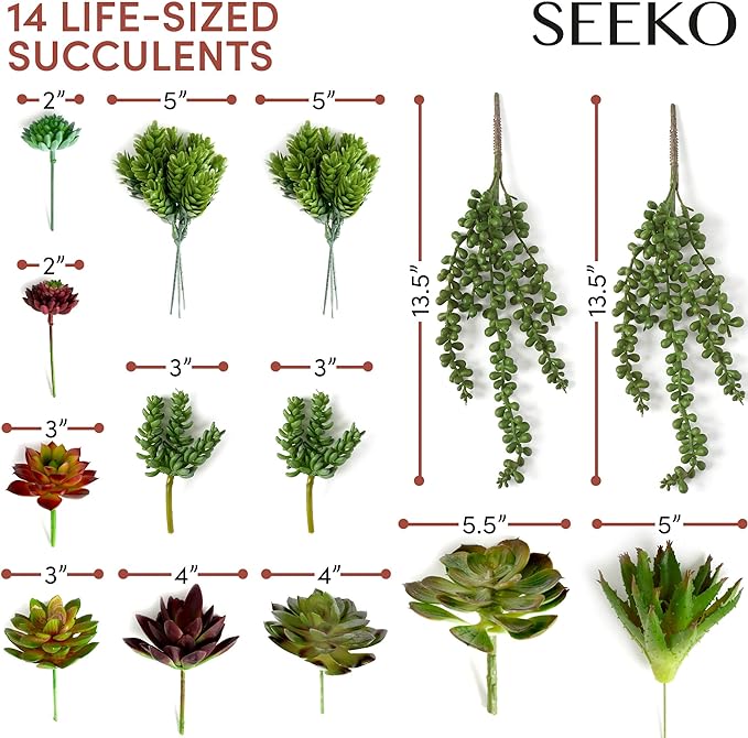 SEEKO Succulents Artificial Succulent - 14pc Assorted Premium Faux Fake Succulents with Realistic Texture