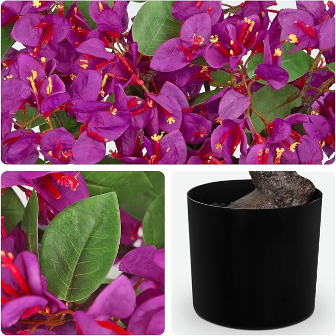 Briful Artificial Bougainvillea Flower Plant 20.8" Bougainvillea Bonsai Tree with Black Pot Silk Bougainvillea Floral Centerpiece for Home Office Room Table Shelf Mantle Decor(Purple)