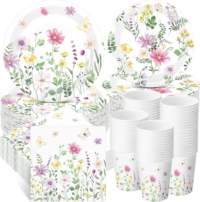 250 Pcs Wildflower Party Decorations Include Spring Summer Floral Paper Plates Napkins and Cups for Wildflower Baby Shower Tea Decorations, Serve 50 Guest(Watercolor,Fresh Style)