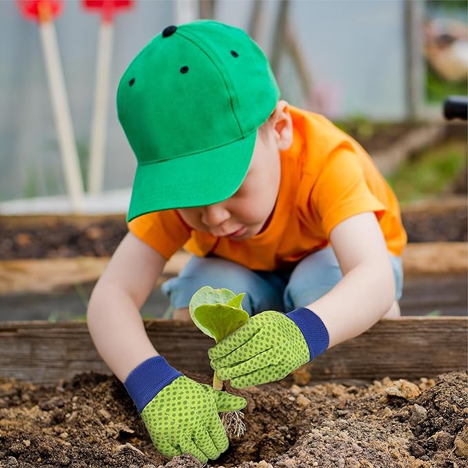 HANDLANDY 4 Pairs Kids Gardening Gloves, Girls Boys Children Garden Work Play Gloves (Green Dot, Medium)