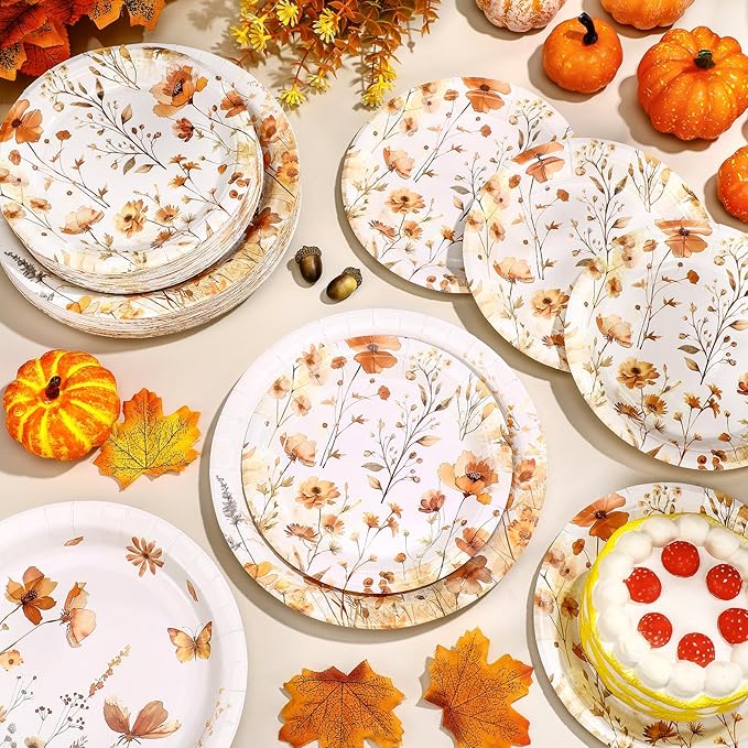 Mumufy 100 Pack Fall Wild Floral Paper Plates 9" & 7" Disposable Autumn Wildflower Cake Dessert Plates Watercolor for Dinner Wedding Baby Shower Birthday Fall Tea Party Decoration Supplies