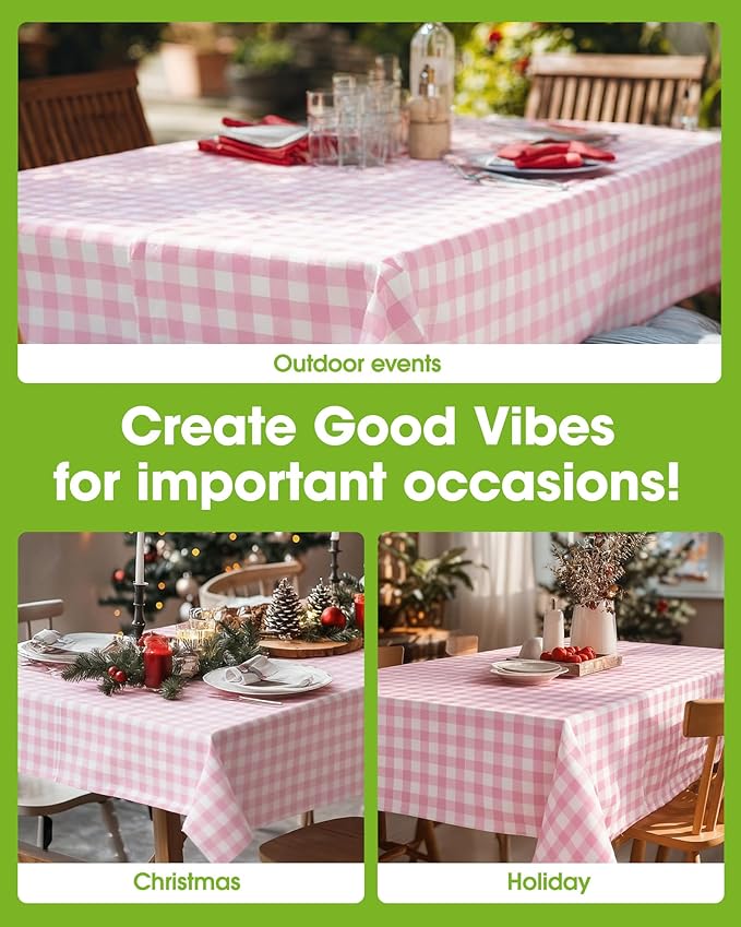 Pureegg Plastic Table Cloth Disposable 8 Pack, 54 x 108 Inch Table Cloths, Party, Picnic, Decorative Gingham Tablecloths, Rectangle, Pink and White Checkered Cover, Leakproof & Sturdy, Pink Plaid