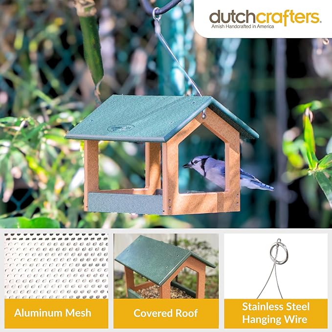 DutchCrafters Amish USA Made Recycled Plastic Large Hanging Modern Fly Through Covered Roof Open Platform Tray Bird Feeder for Outdoors, Garden, Yard (Cedar & Weatherwood)