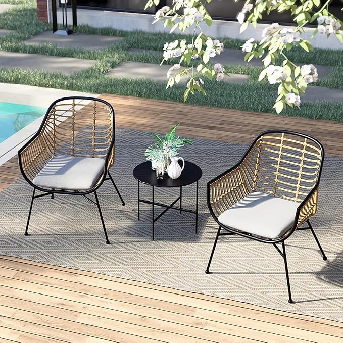 Grand patio 3-Piece Patio Furniture Set, Outdoor Wicker Patio Conversation Seating Chair with Cushions and Coffee Table, Boho Seating Chat Set for Indoor Outdoor, Balcony, Porch, Garden, Deck