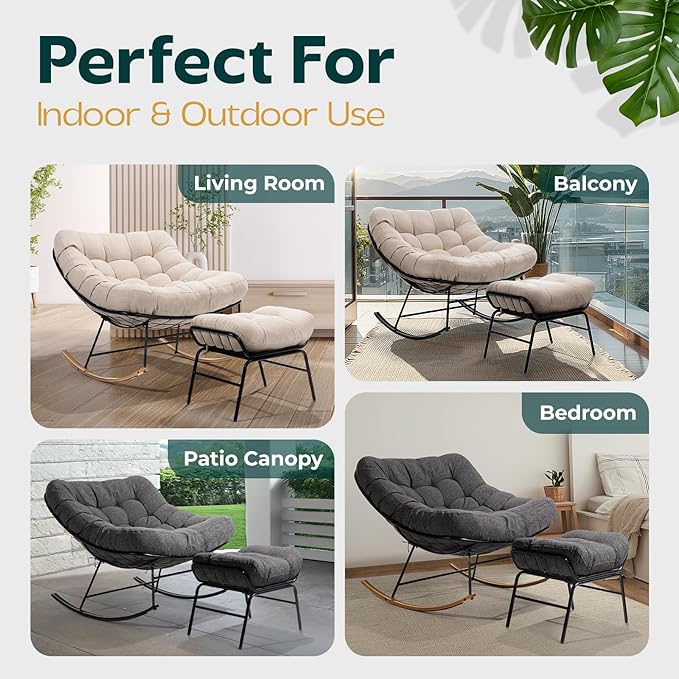Bme Patio Rocking Chair Outdoor & Indoor, Metal Patio Lounge Rocking Chair with Thick Cushion, Comfy Modern Rocker Chair for Living Room, Porch, Backyard, Grey Cushion - Wood Texture Rocker