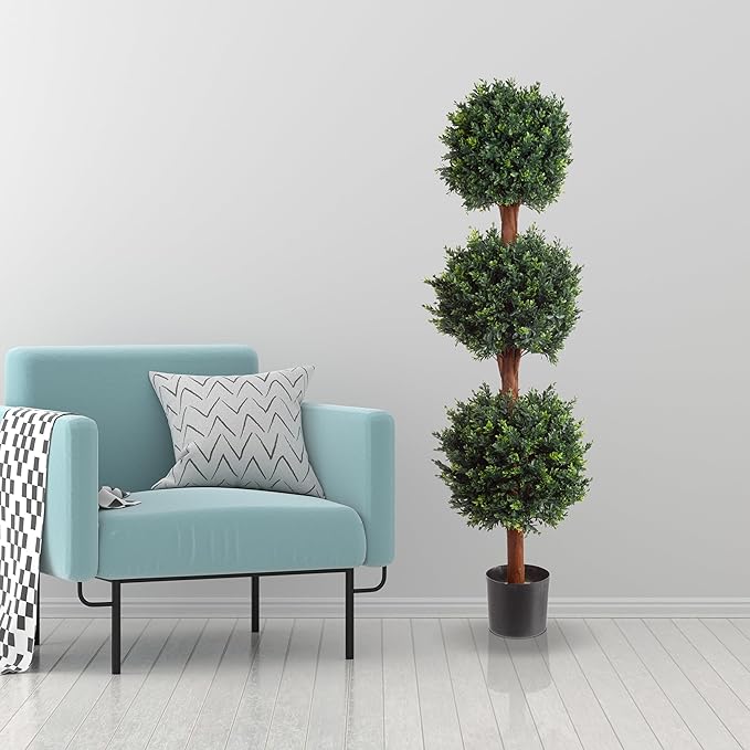 Pure Garden Set of 2 Artificial Trees - 5FT Hedyotis Topiary Fake Plants in Weighted Pots - Faux Plants for Indoor Display or Front Porch Decor