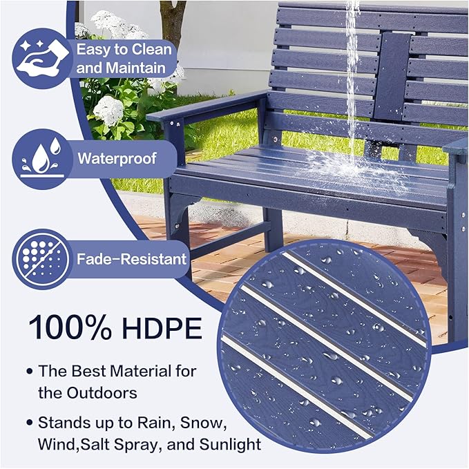 Outdoor Bench Weatherproof - HDPE 2-Person Garden Bench with Cup Holders, Bench Furniture with Backrest and Armrests, 700 lbs Capacity, Patio Park Bench for Front Porch Backyard Park (Blue)