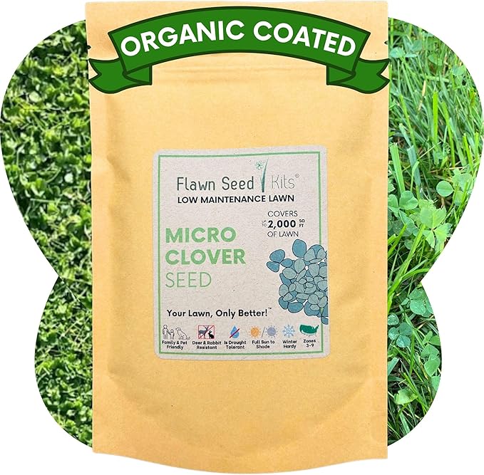 Flawn Seed Kits 8.8 oz Micro Clover Seed, Organic Coated, Eco-Friendly, Low Growing, Low Maintenance, Lawn Alternative, Kraft Zipper Pouch, Covers up to 2000 Sqft