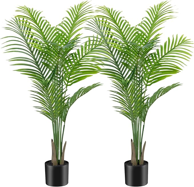 ANTING 4FT Artificial Areca Palm Plant - Large Fake Tall Artificial Tree Indoor - Realistic Green Silk Plant - Perfect for Any for Home Room Decor 2Pack