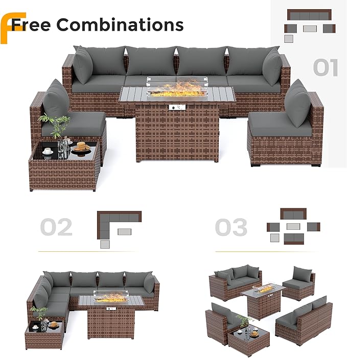 UDPATIO Outdoor Patio Furniture Set with Fire Pit Table, 8 Piece Outdoor Sectional Sofas, All-Weather Wicker Patio Conversation Set for Garden, Backyard Dark Grey
